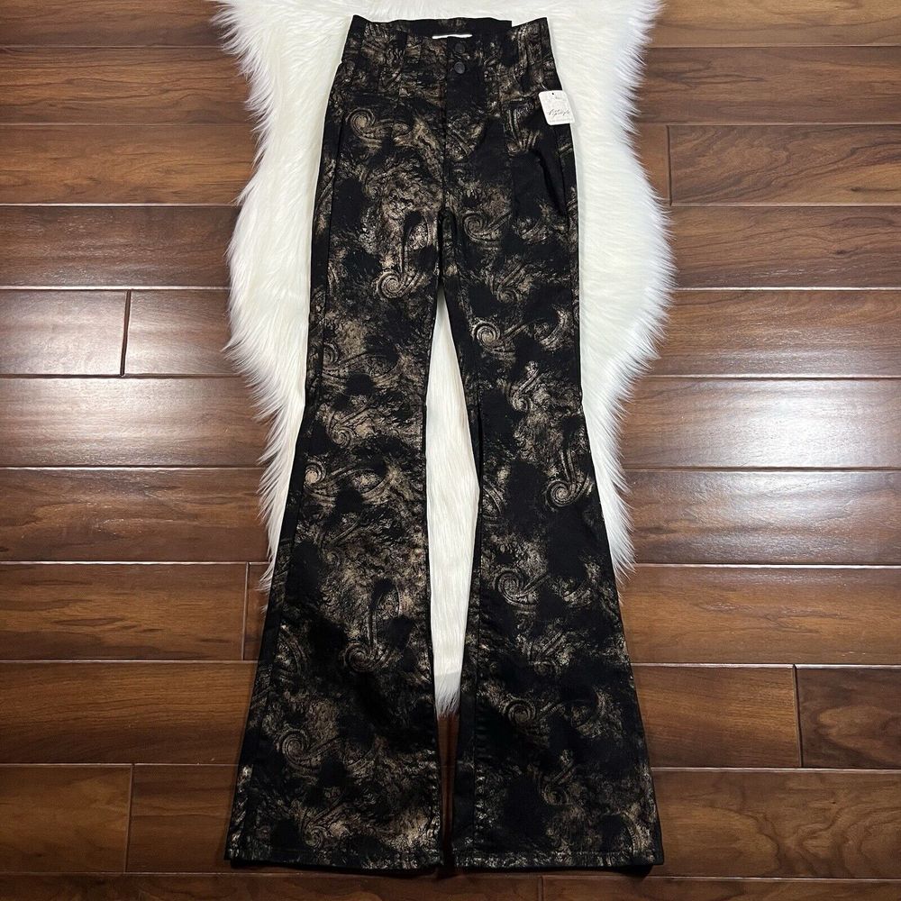 We The Free People Size‎ 24 Black Metallic High Rise Jayde Flare Pant Jeans